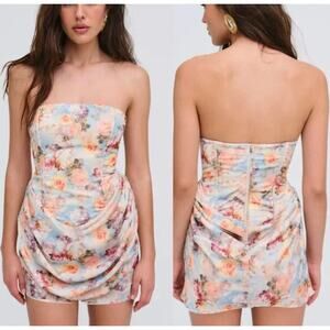 FOR LOVE AND LEMONS DELPHINE RUCHED STRAPLESS BLUE DRESS W/ROSE